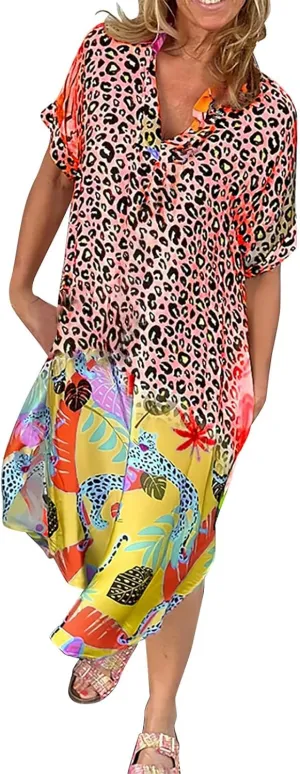 Women Casual Loose Sundress V Neck Short Maxi Long Beach Shirt Dress Travel Vacation Boho Dresses 2024 Summer Outfits