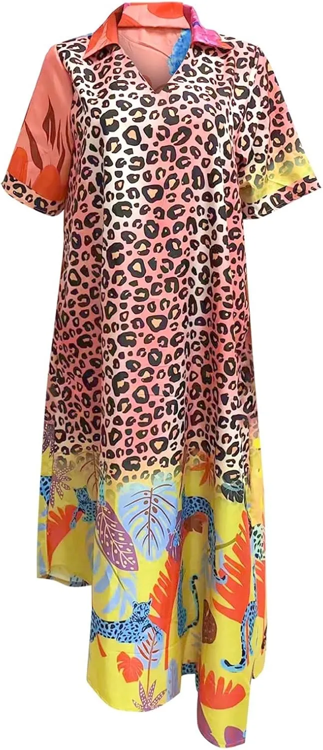 Women Casual Loose Sundress V Neck Short Maxi Long Beach Shirt Dress Travel Vacation Boho Dresses 2024 Summer Outfits