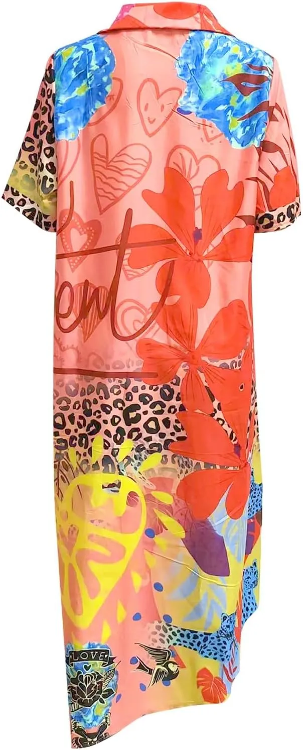 Women Casual Loose Sundress V Neck Short Maxi Long Beach Shirt Dress Travel Vacation Boho Dresses 2024 Summer Outfits
