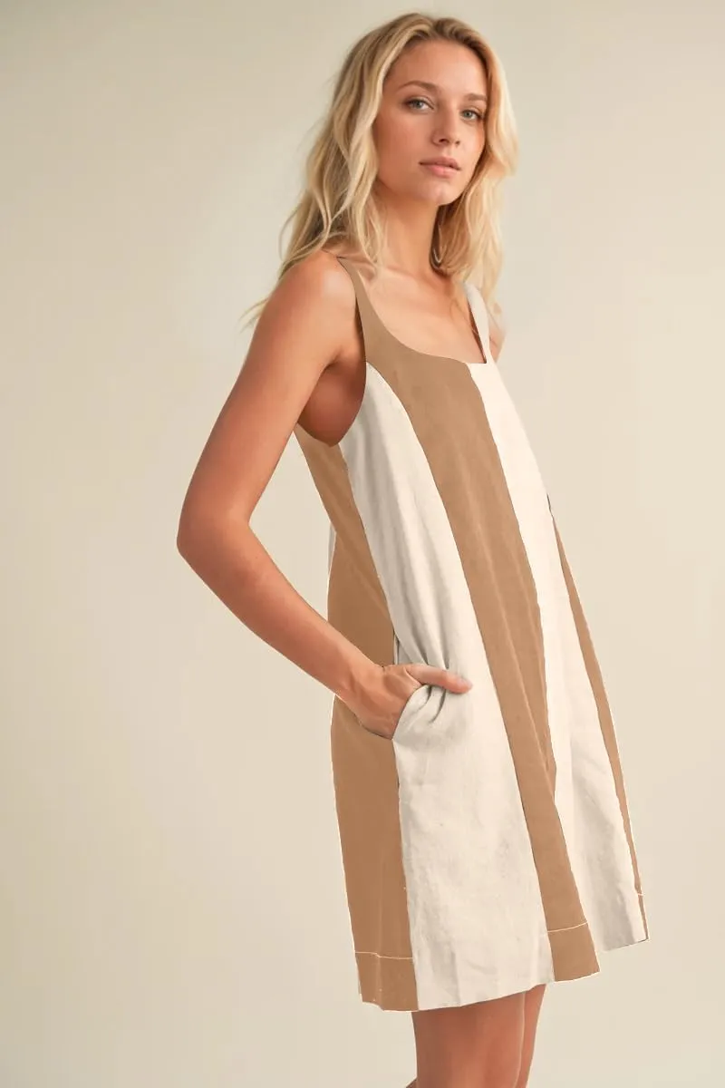Women Color Block Striped Mini Dress Adjustable Straps Sleeveless Boho Summer Dresses Beach Sundress with Pockets