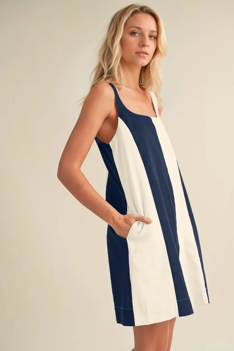 Women Color Block Striped Mini Dress Adjustable Straps Sleeveless Boho Summer Dresses Beach Sundress with Pockets