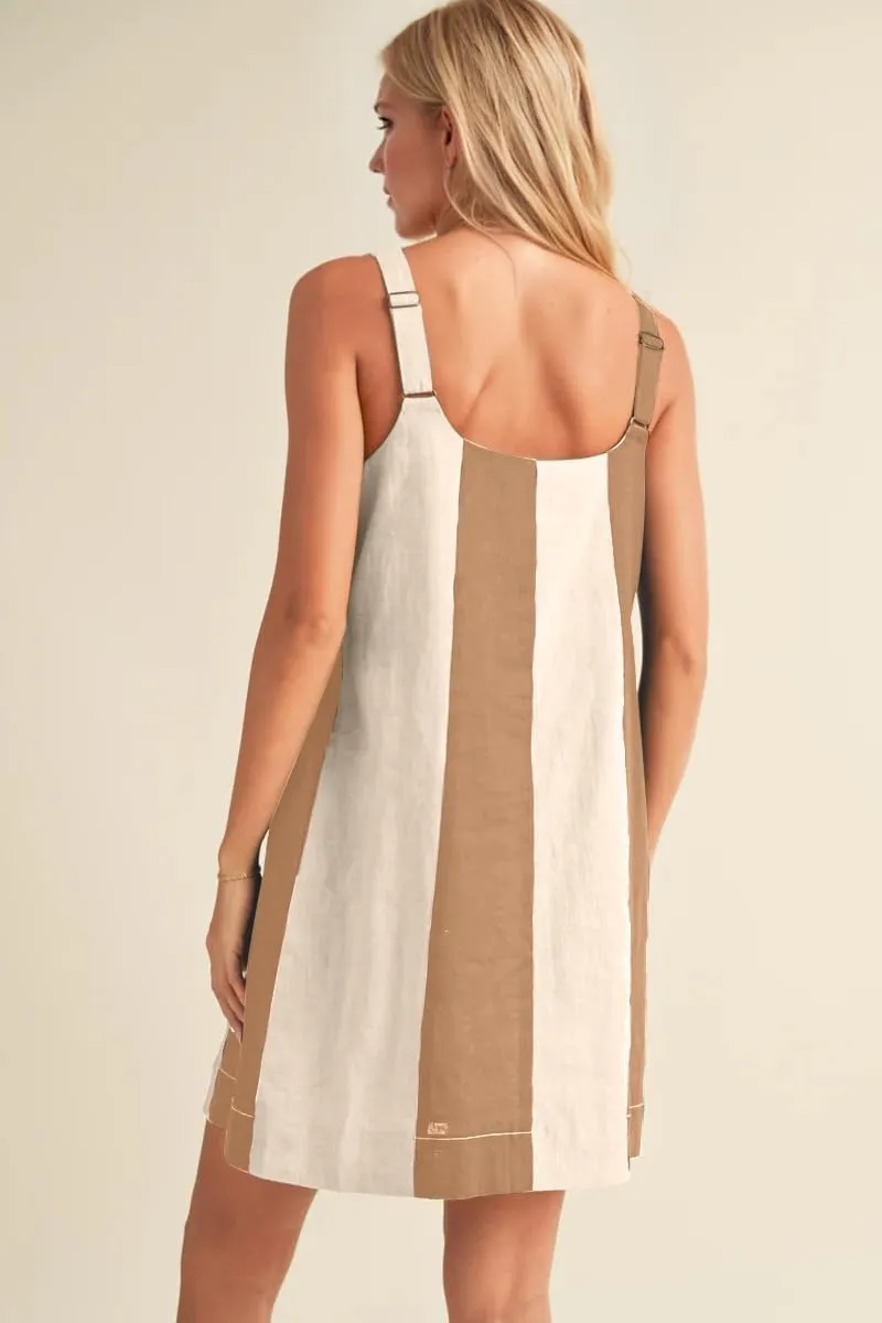 Women Color Block Striped Mini Dress Adjustable Straps Sleeveless Boho Summer Dresses Beach Sundress with Pockets