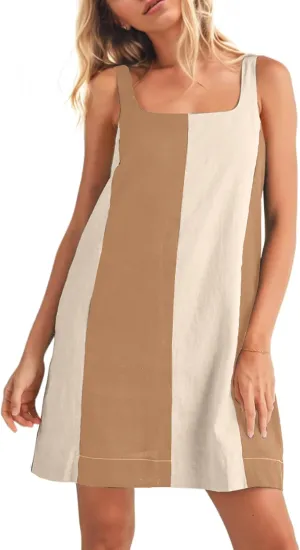 Women Color Block Striped Mini Dress Adjustable Straps Sleeveless Boho Summer Dresses Beach Sundress with Pockets