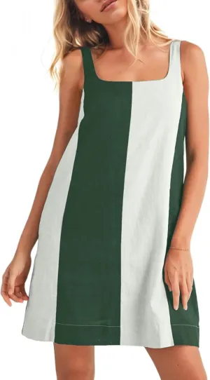 Women Color Block Striped Mini Dress Adjustable Straps Sleeveless Boho Summer Dresses Beach Sundress with Pockets