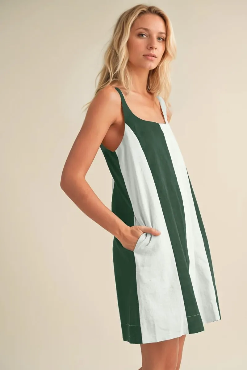 Women Color Block Striped Mini Dress Adjustable Straps Sleeveless Boho Summer Dresses Beach Sundress with Pockets