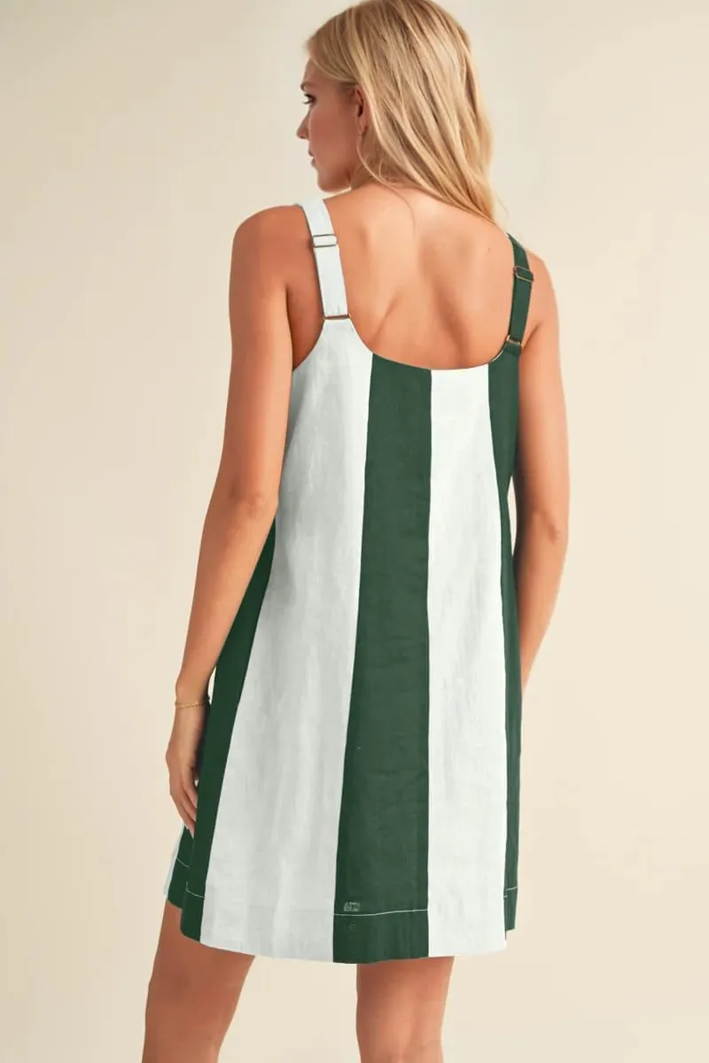 Women Color Block Striped Mini Dress Adjustable Straps Sleeveless Boho Summer Dresses Beach Sundress with Pockets