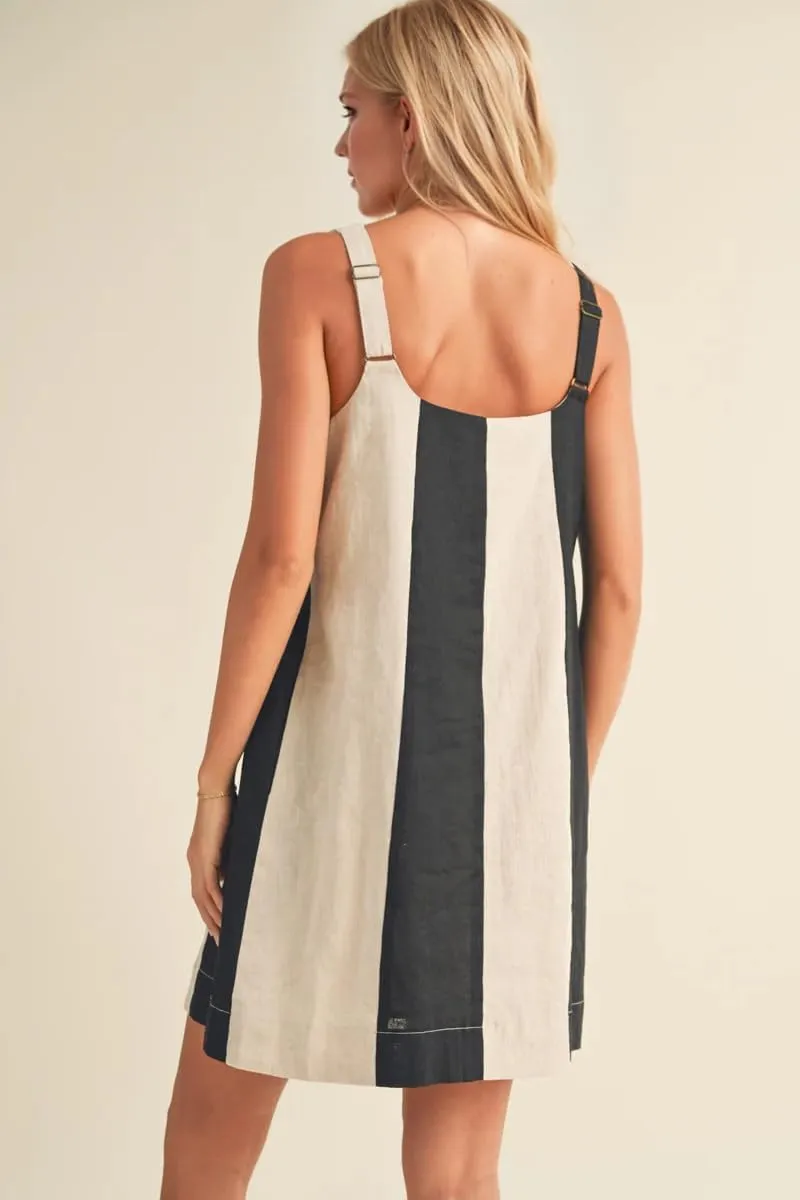 Women Color Block Striped Mini Dress Adjustable Straps Sleeveless Boho Summer Dresses Beach Sundress with Pockets