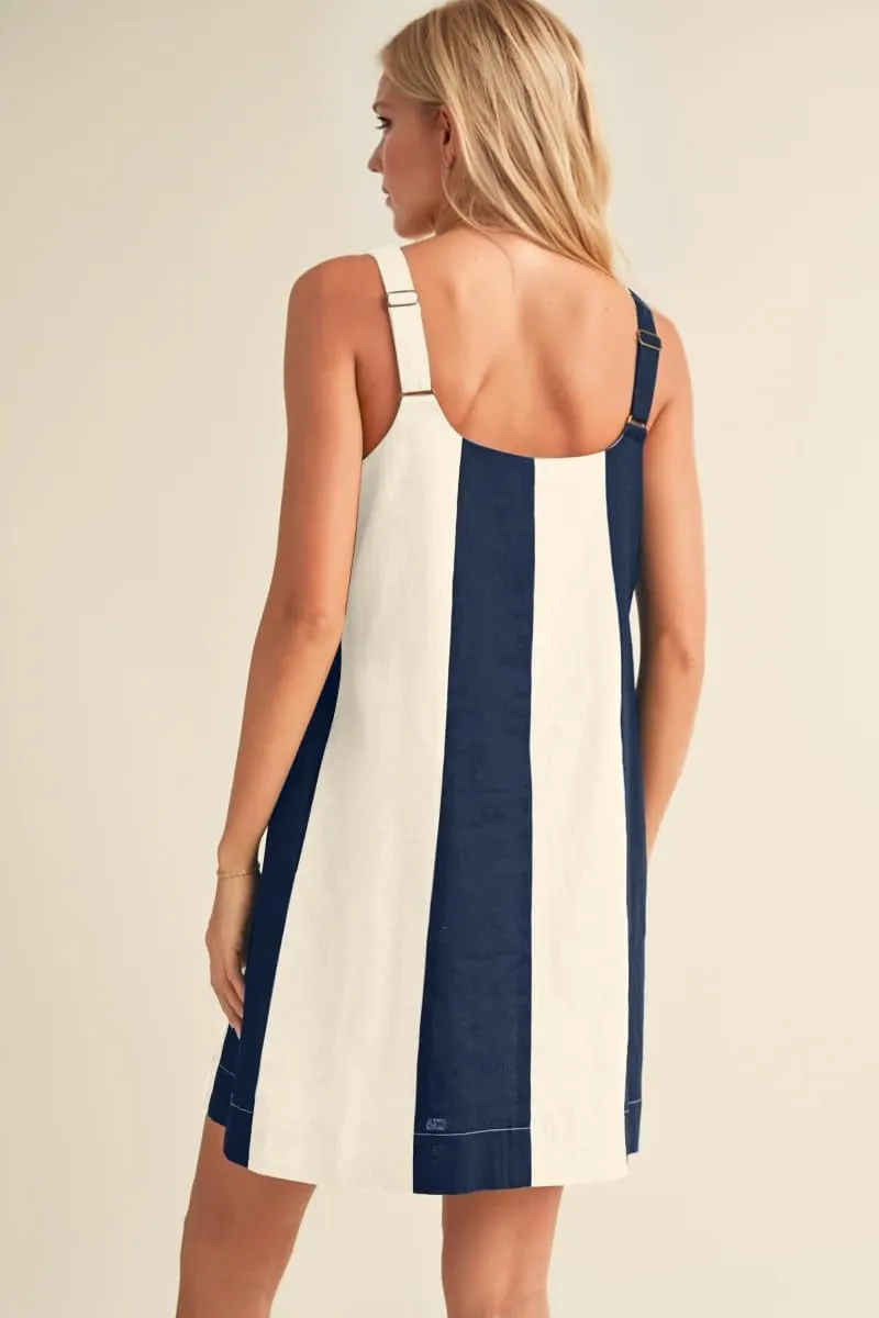 Women Color Block Striped Mini Dress Adjustable Straps Sleeveless Boho Summer Dresses Beach Sundress with Pockets