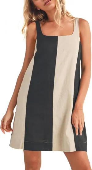 Women Color Block Striped Mini Dress Adjustable Straps Sleeveless Boho Summer Dresses Beach Sundress with Pockets