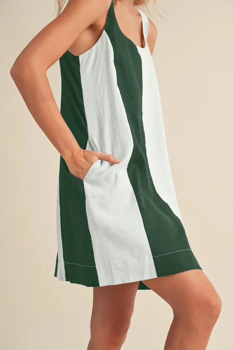Women Color Block Striped Mini Dress Adjustable Straps Sleeveless Boho Summer Dresses Beach Sundress with Pockets