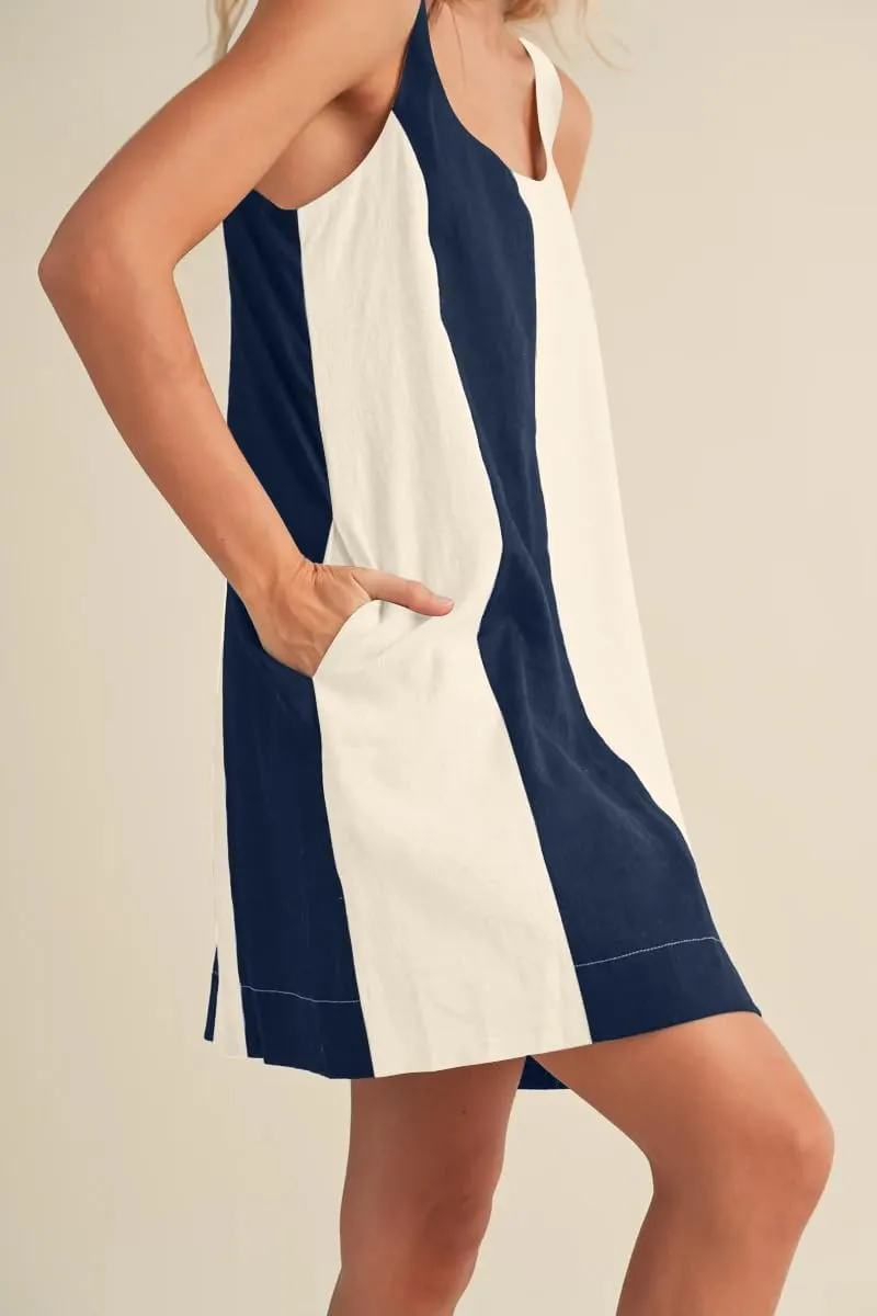 Women Color Block Striped Mini Dress Adjustable Straps Sleeveless Boho Summer Dresses Beach Sundress with Pockets