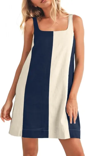 Women Color Block Striped Mini Dress Adjustable Straps Sleeveless Boho Summer Dresses Beach Sundress with Pockets