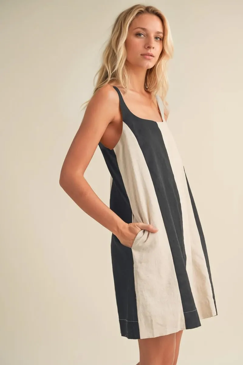 Women Color Block Striped Mini Dress Adjustable Straps Sleeveless Boho Summer Dresses Beach Sundress with Pockets