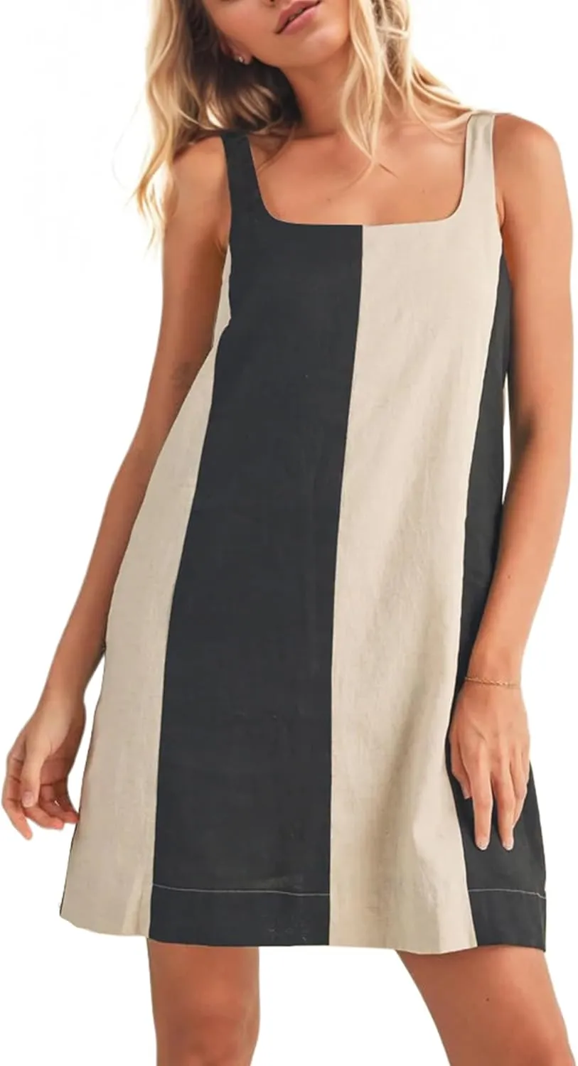 Women Color Block Striped Mini Dress Adjustable Straps Sleeveless Boho Summer Dresses Beach Sundress with Pockets