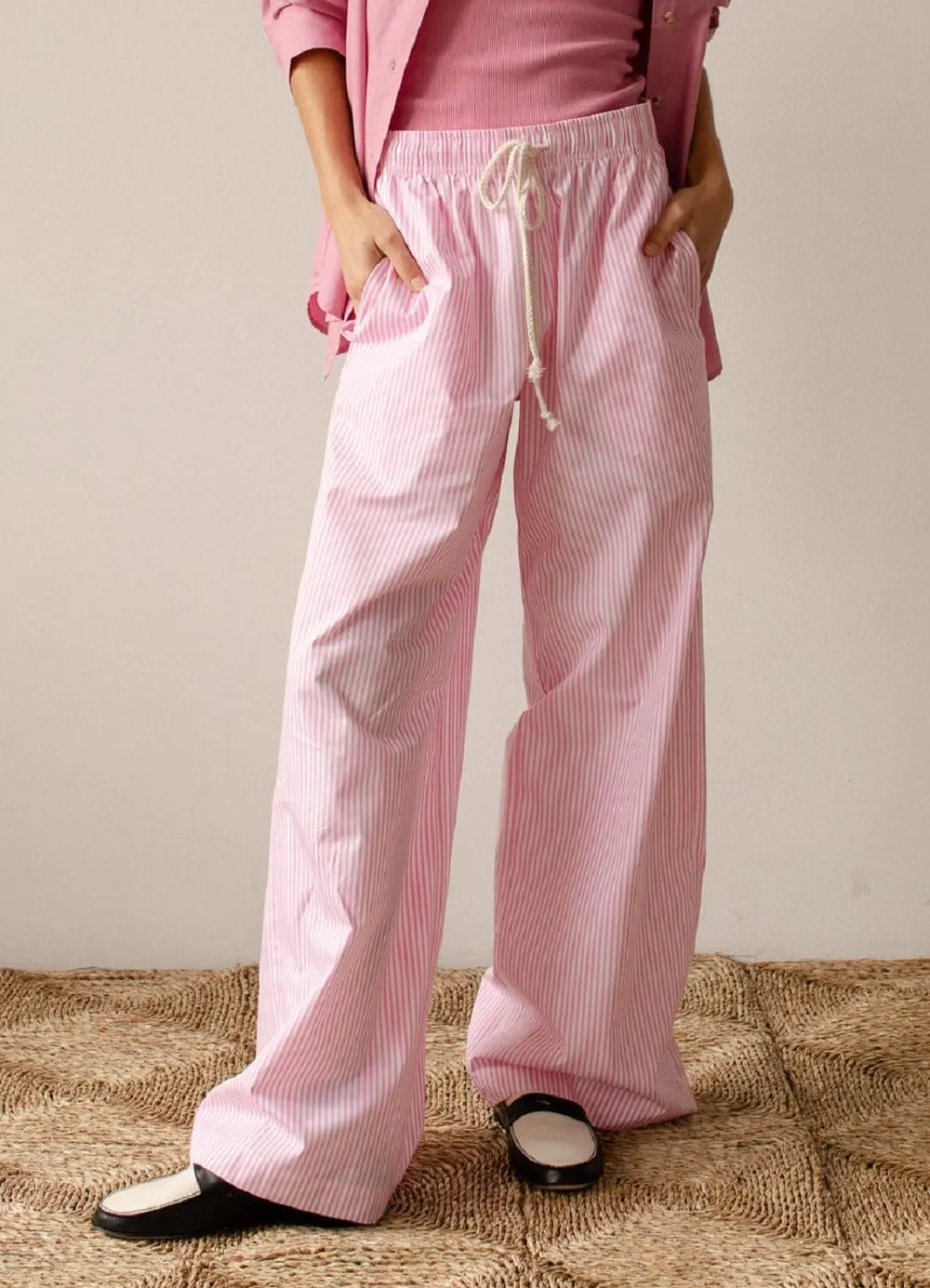 Women Drawstring Striped Pants High Waist Wide Leg Lounge Pants Casual Relaxed Fit Pajama Bottoms Y2k Streetwear