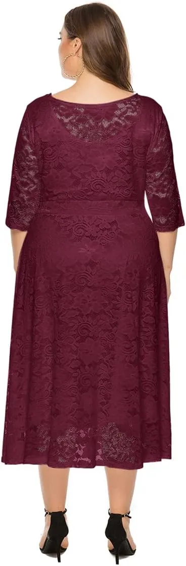 Women Plus Size Summer Dresses Lace Round Neck Midi Party Wedding Dresses