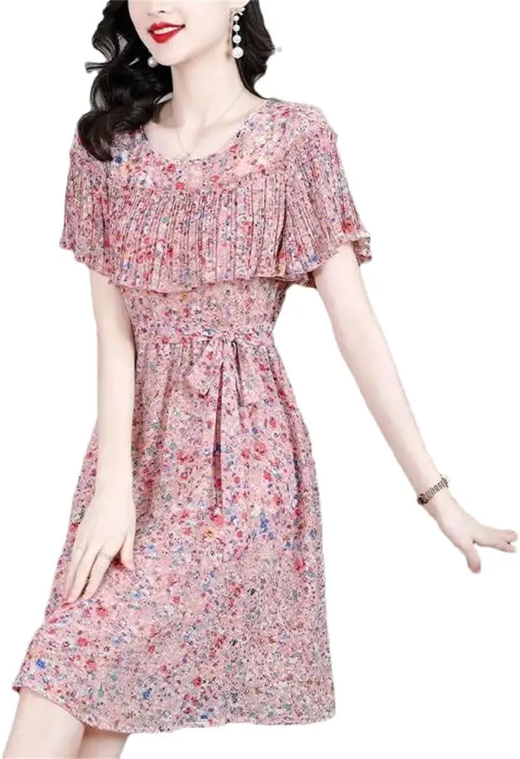 Women Printed Spliced Ruffles Bandage Chiffon Floral Dress Summer Loose Office Lady Mini Dress
