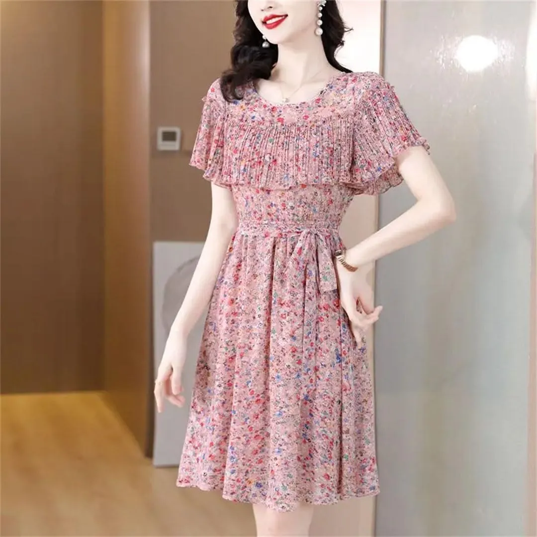 Women Printed Spliced Ruffles Bandage Chiffon Floral Dress Summer Loose Office Lady Mini Dress