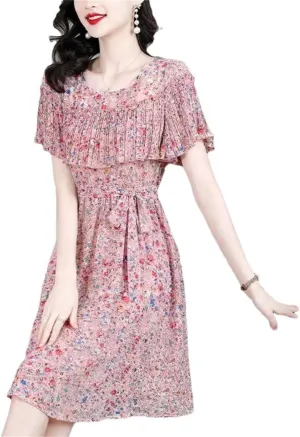 Women Printed Spliced Ruffles Bandage Chiffon Floral Dress Summer Loose Office Lady Mini Dress