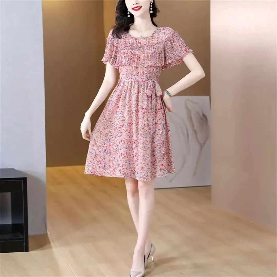 Women Printed Spliced Ruffles Bandage Chiffon Floral Dress Summer Loose Office Lady Mini Dress