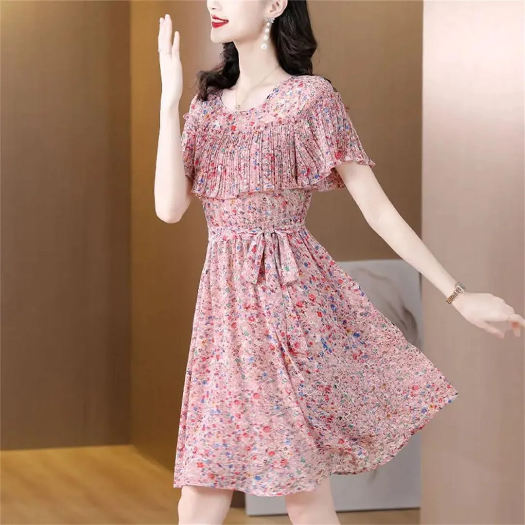 Women Printed Spliced Ruffles Bandage Chiffon Floral Dress Summer Loose Office Lady Mini Dress