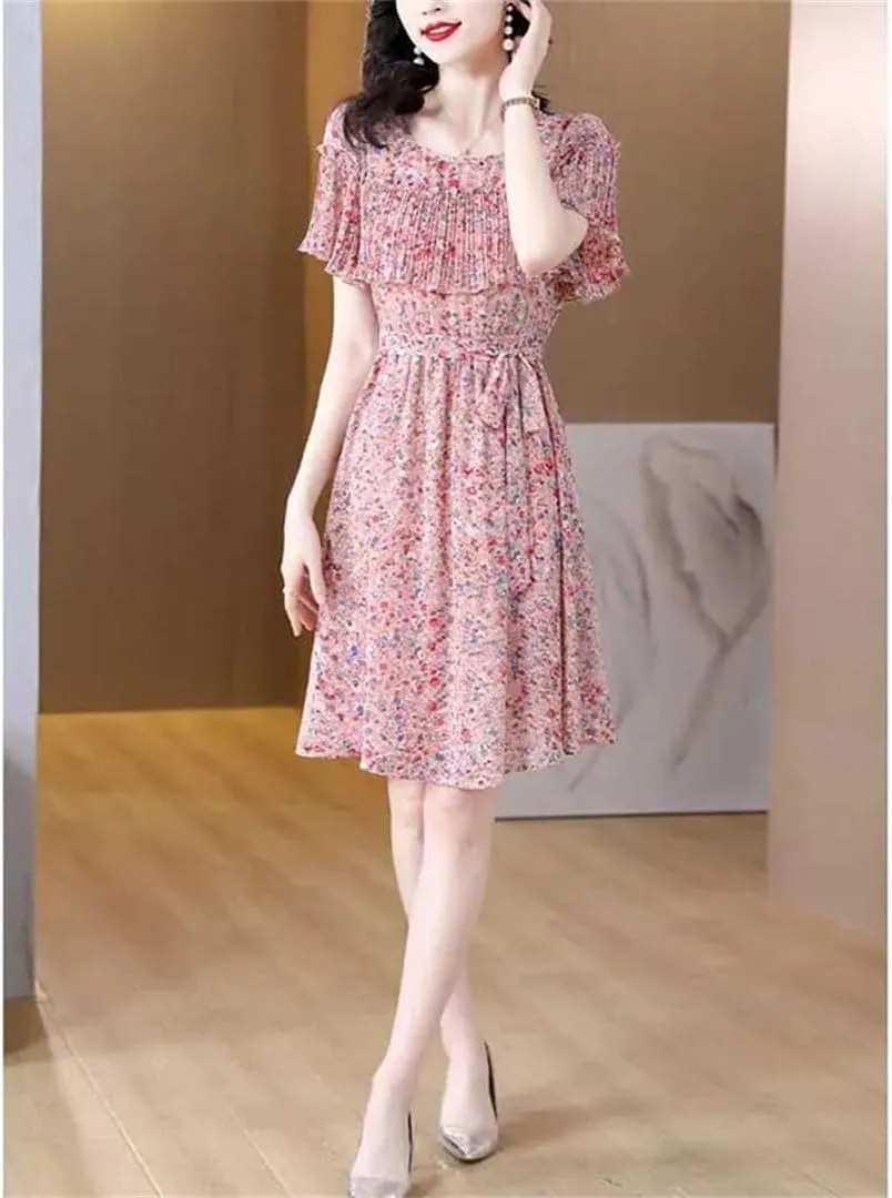 Women Printed Spliced Ruffles Bandage Chiffon Floral Dress Summer Loose Office Lady Mini Dress