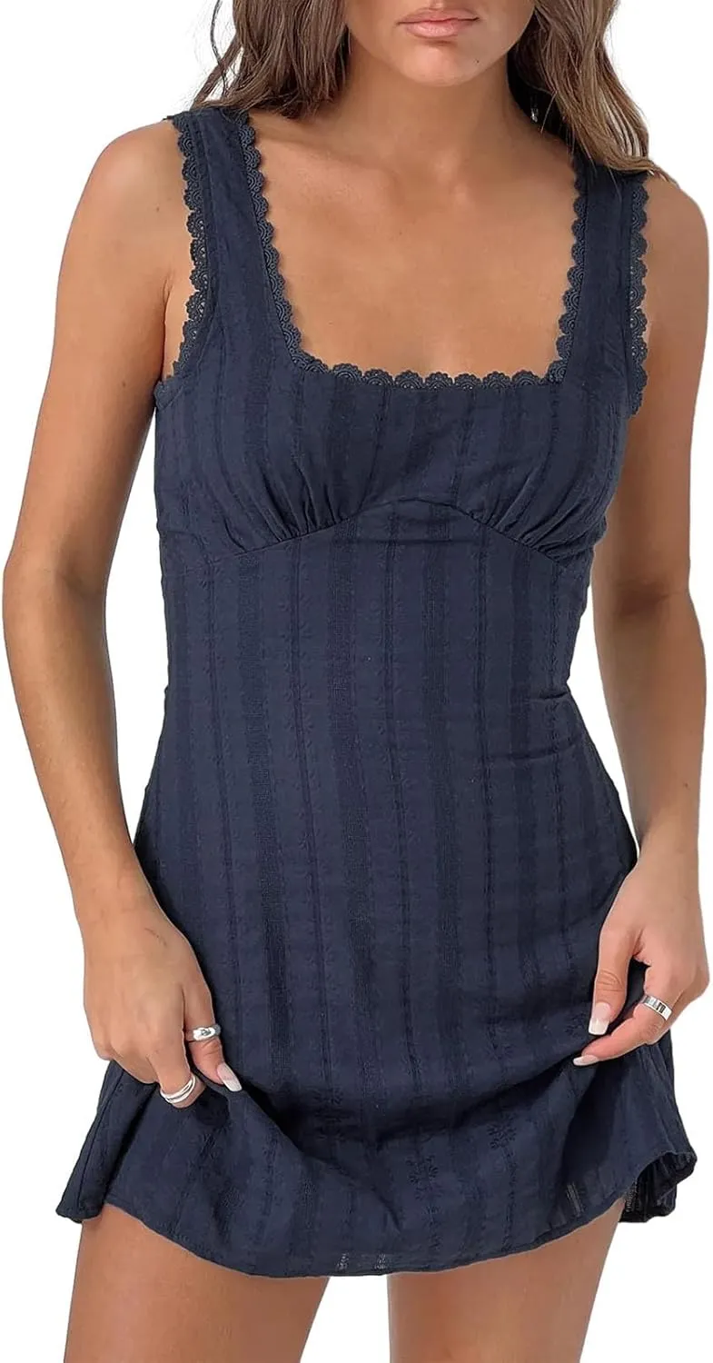 Women Sleeveless Flowy Babydoll Mini Dress Lace Trim Low Cut V-Neck Tank Short Dresses Floral Eyelet Beach Sundress