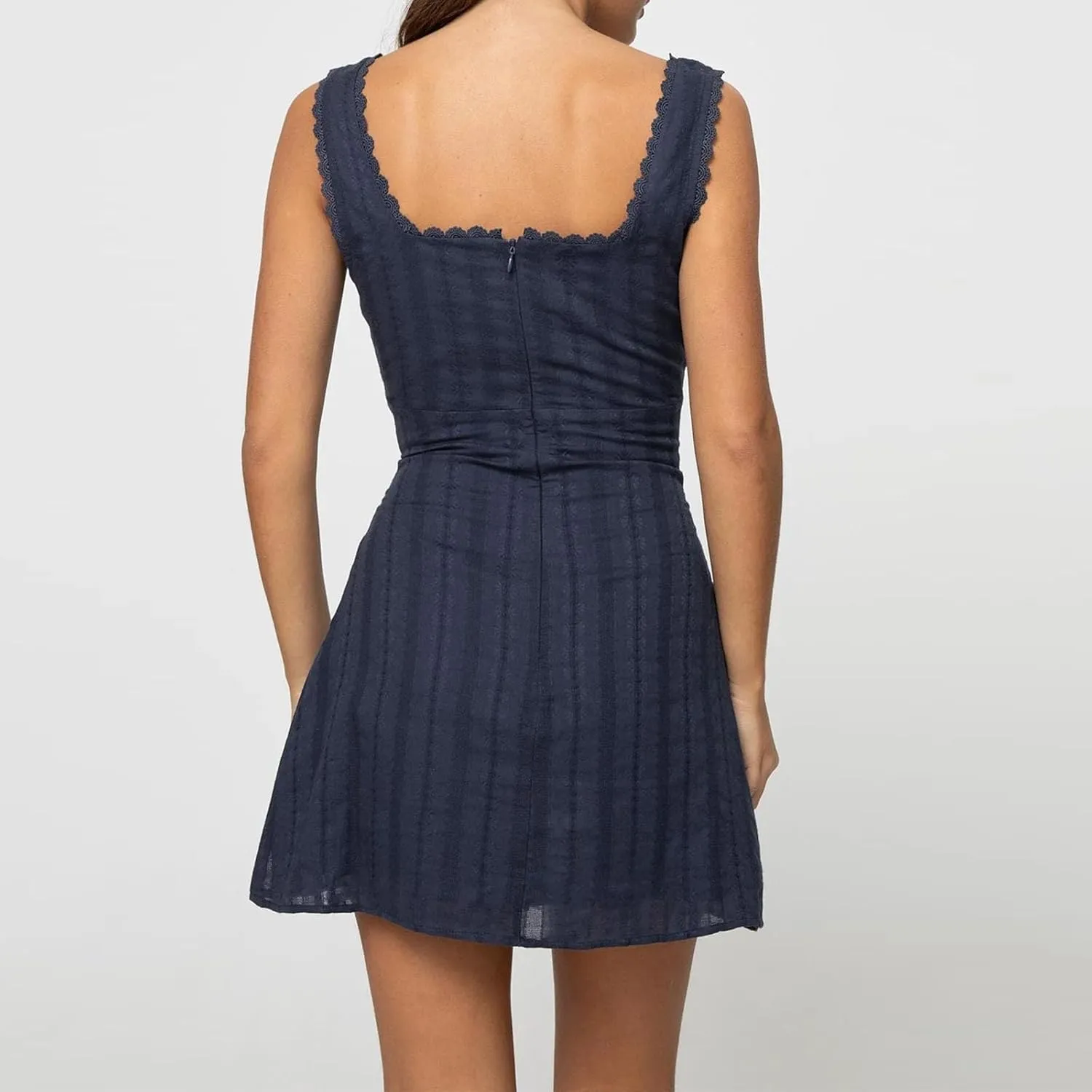 Women Sleeveless Flowy Babydoll Mini Dress Lace Trim Low Cut V-Neck Tank Short Dresses Floral Eyelet Beach Sundress