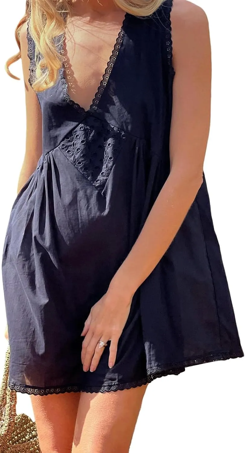 Women Sleeveless Flowy Babydoll Mini Dress Lace Trim Low Cut V-Neck Tank Short Dresses Floral Eyelet Beach Sundress