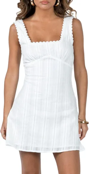 Women Sleeveless Flowy Babydoll Mini Dress Lace Trim Low Cut V-Neck Tank Short Dresses Floral Eyelet Beach Sundress