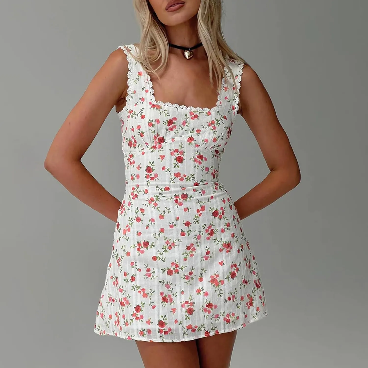 Women Sleeveless Flowy Babydoll Mini Dress Lace Trim Low Cut V-Neck Tank Short Dresses Floral Eyelet Beach Sundress