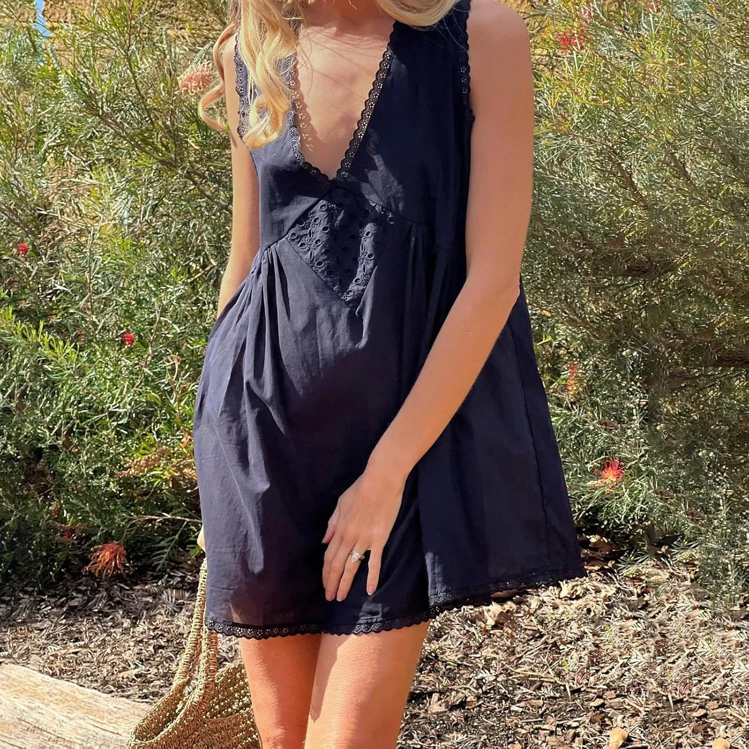 Women Sleeveless Flowy Babydoll Mini Dress Lace Trim Low Cut V-Neck Tank Short Dresses Floral Eyelet Beach Sundress