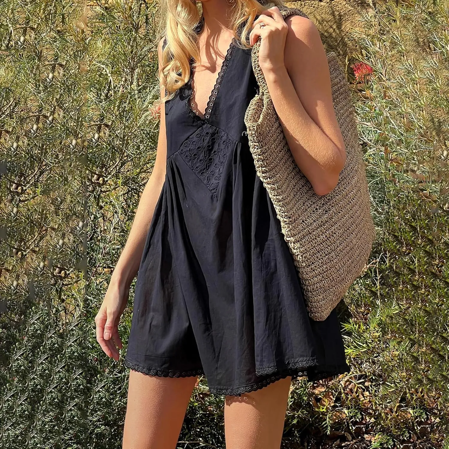 Women Sleeveless Flowy Babydoll Mini Dress Lace Trim Low Cut V-Neck Tank Short Dresses Floral Eyelet Beach Sundress