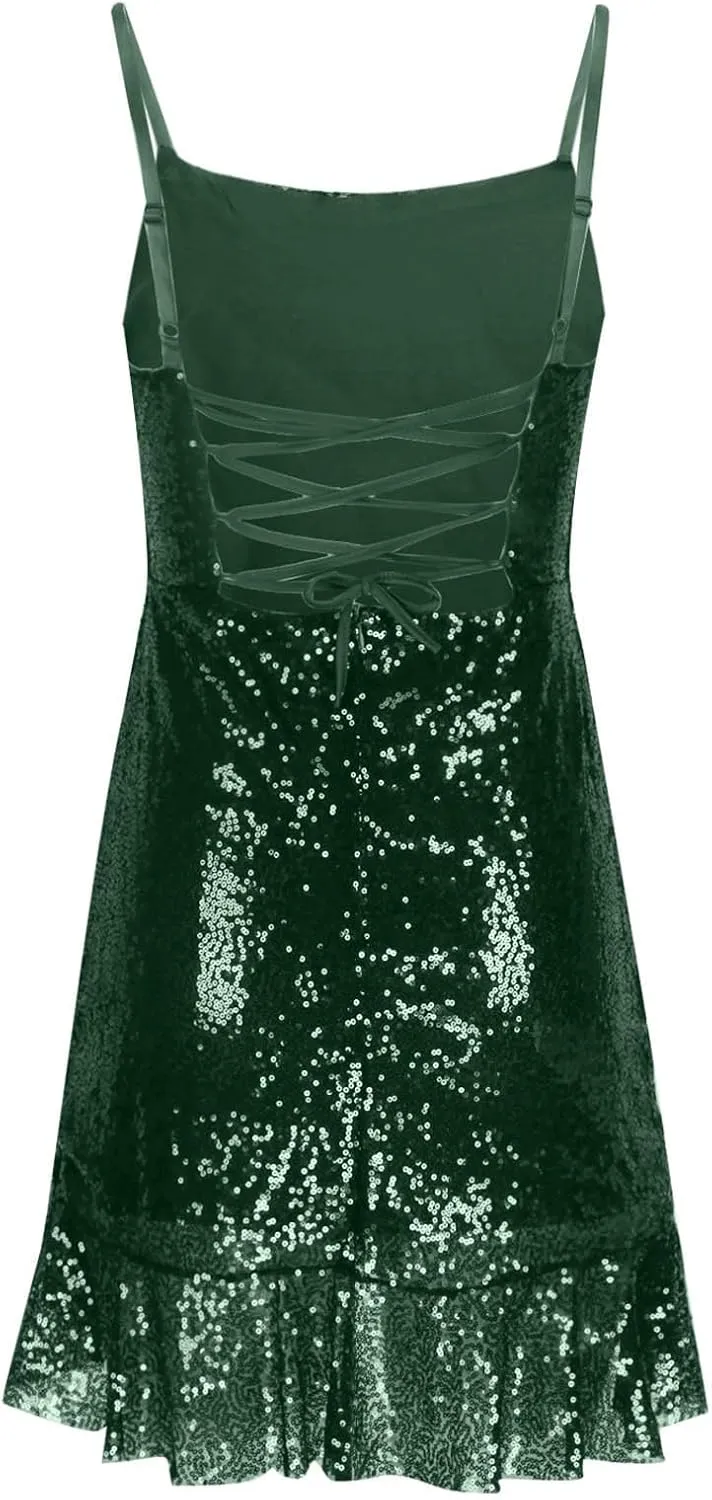 Women Sparkly Sequin Mini Dress Sexy Glitter Spaghetti Strap Ruffle Hem Cami Dresses Fashion Sexy Club Party Outfits
