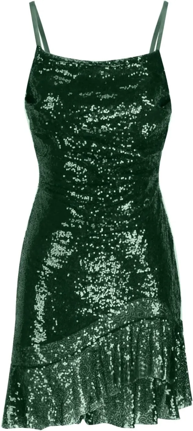 Women Sparkly Sequin Mini Dress Sexy Glitter Spaghetti Strap Ruffle Hem Cami Dresses Fashion Sexy Club Party Outfits