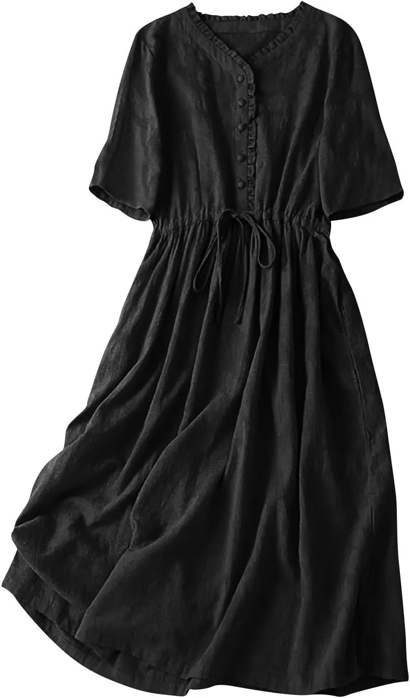 Women Summer Cotton Midi Dress Half Sleeve Button Down V Neck Retro Casual Dresses with Drawstring Solid Color 2025