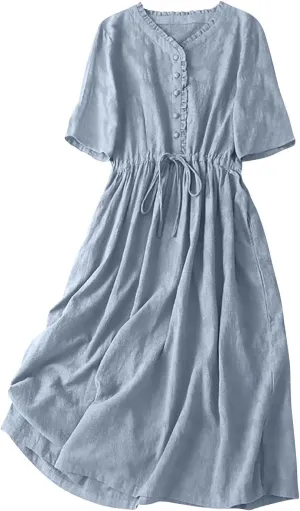 Women Summer Cotton Midi Dress Half Sleeve Button Down V Neck Retro Casual Dresses with Drawstring Solid Color 2025