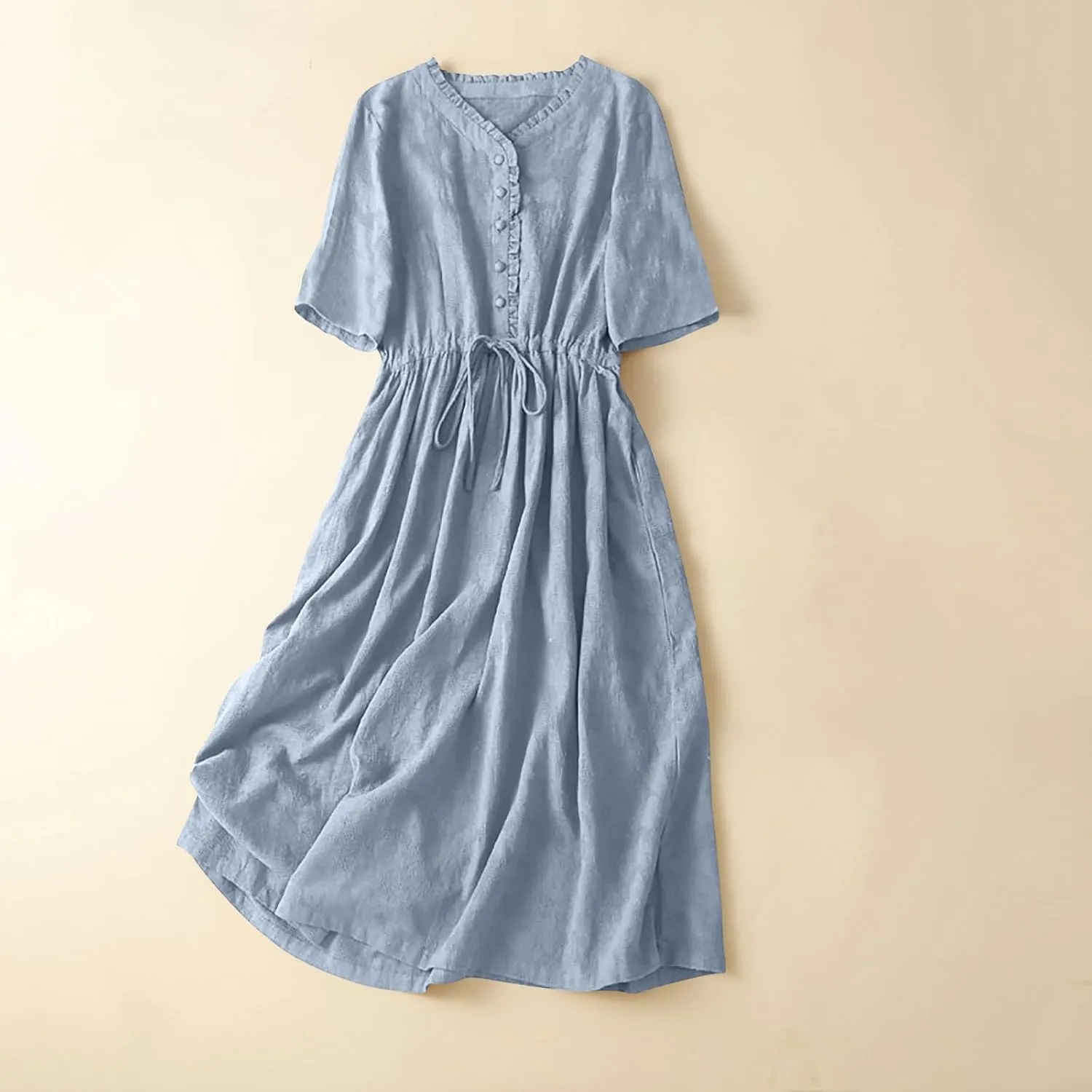 Women Summer Cotton Midi Dress Half Sleeve Button Down V Neck Retro Casual Dresses with Drawstring Solid Color 2025