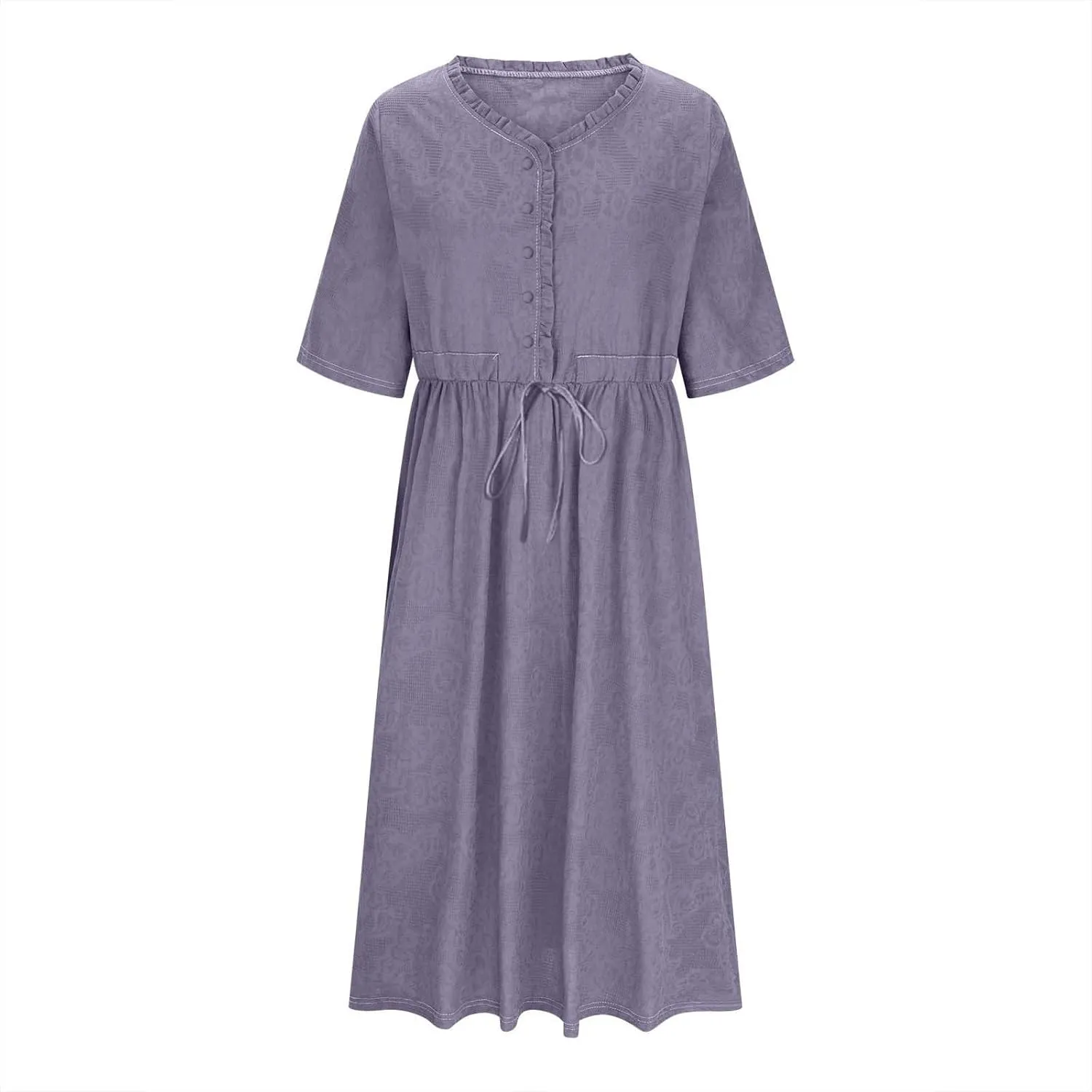 Women Summer Cotton Midi Dress Half Sleeve Button Down V Neck Retro Casual Dresses with Drawstring Solid Color 2025