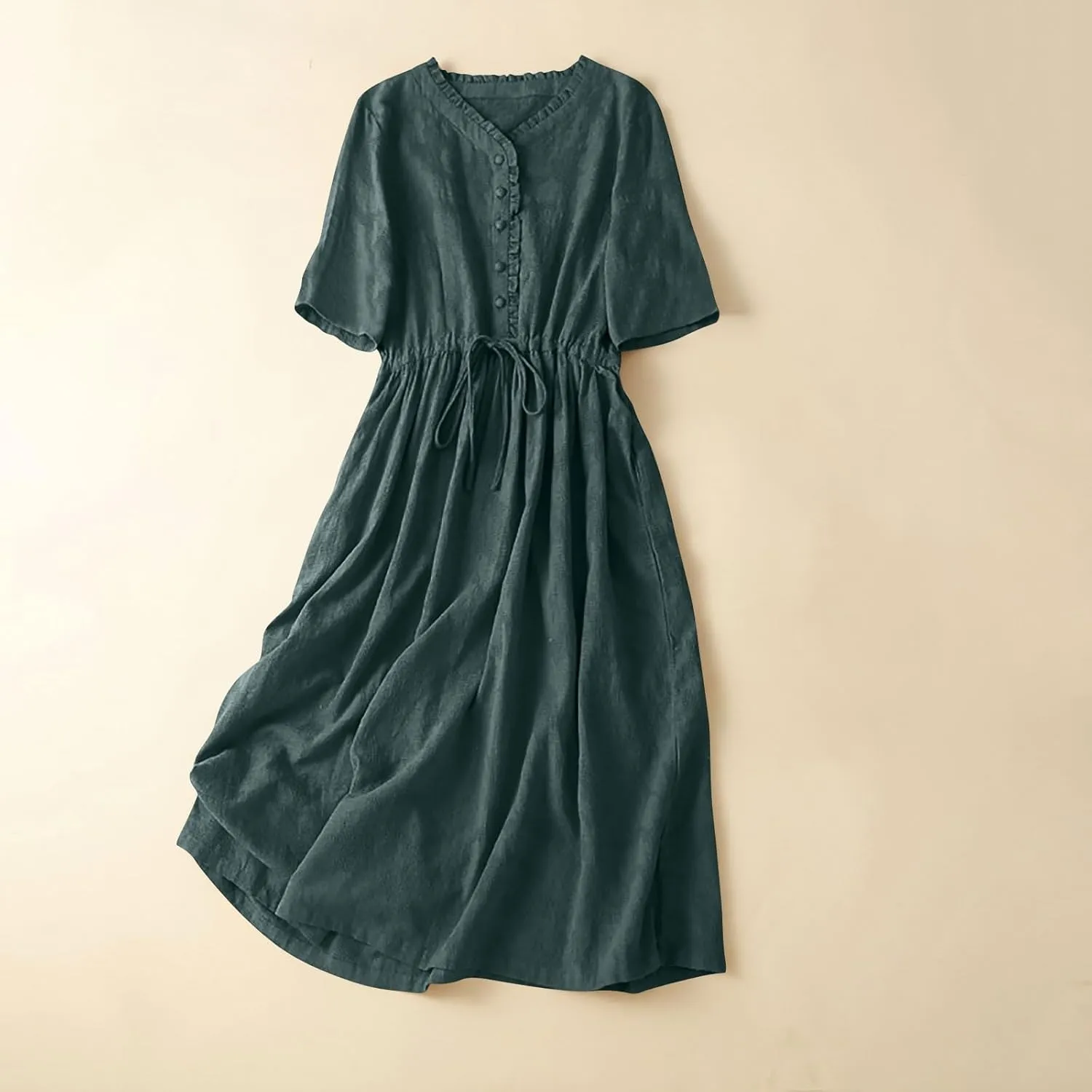 Women Summer Cotton Midi Dress Half Sleeve Button Down V Neck Retro Casual Dresses with Drawstring Solid Color 2025