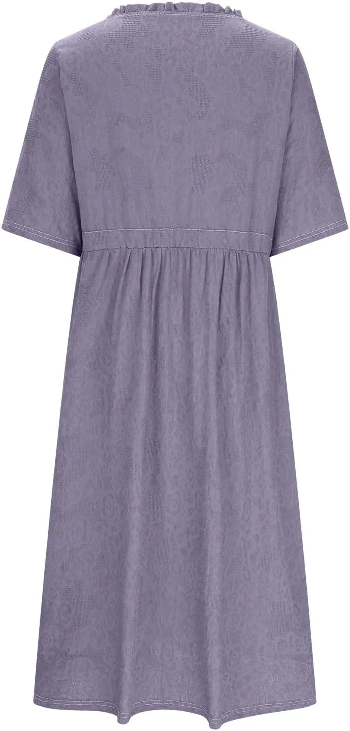 Women Summer Cotton Midi Dress Half Sleeve Button Down V Neck Retro Casual Dresses with Drawstring Solid Color 2025