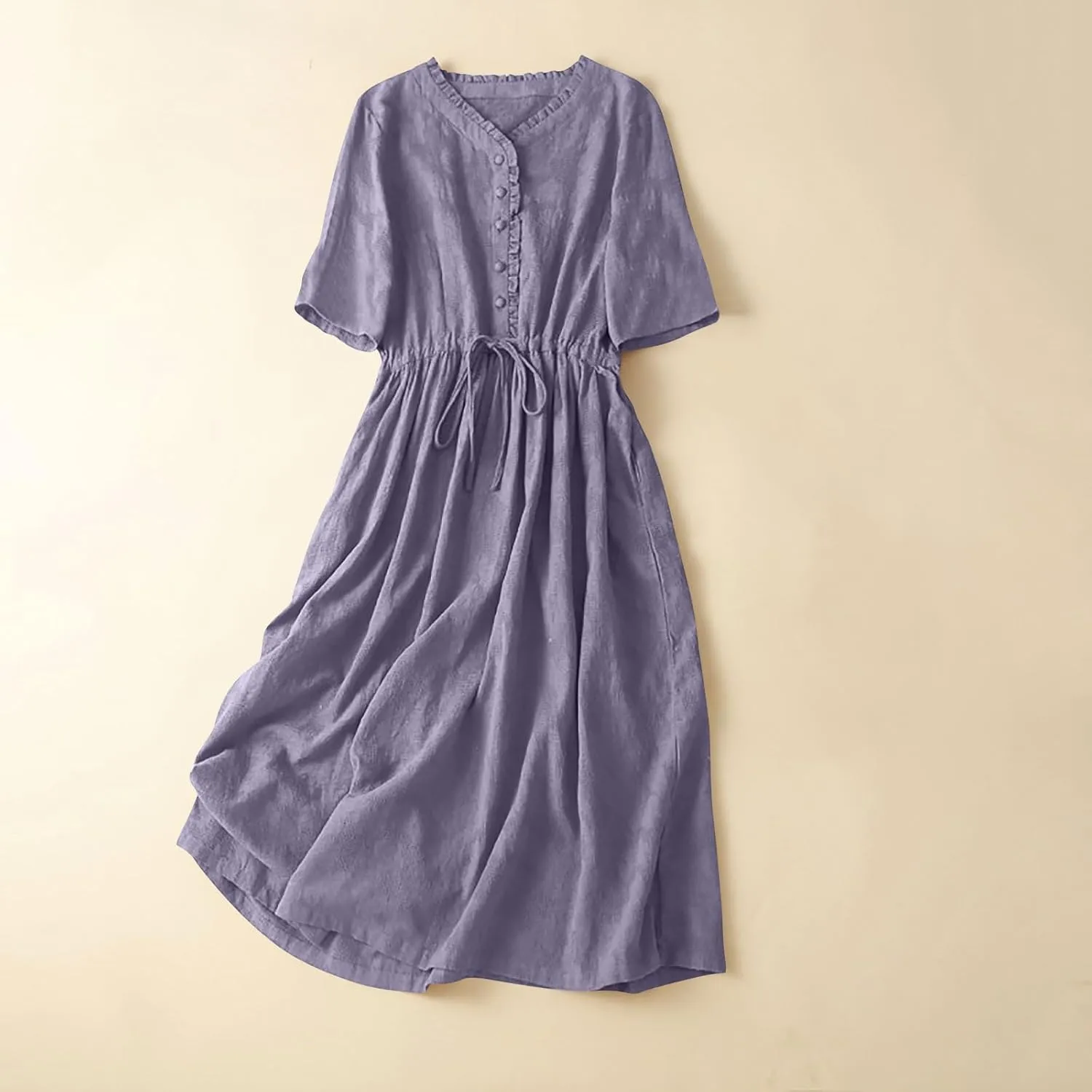 Women Summer Cotton Midi Dress Half Sleeve Button Down V Neck Retro Casual Dresses with Drawstring Solid Color 2025