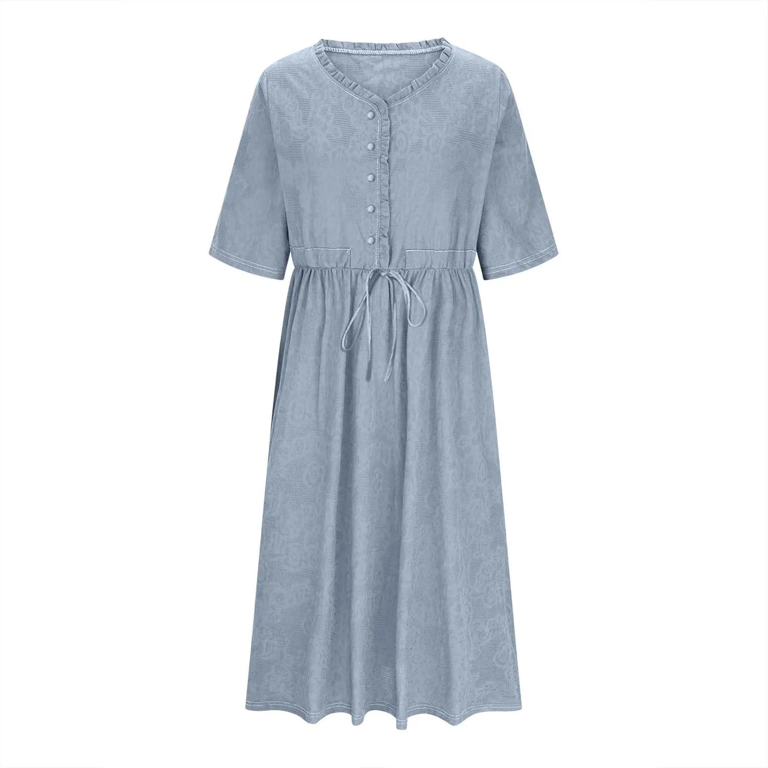 Women Summer Cotton Midi Dress Half Sleeve Button Down V Neck Retro Casual Dresses with Drawstring Solid Color 2025