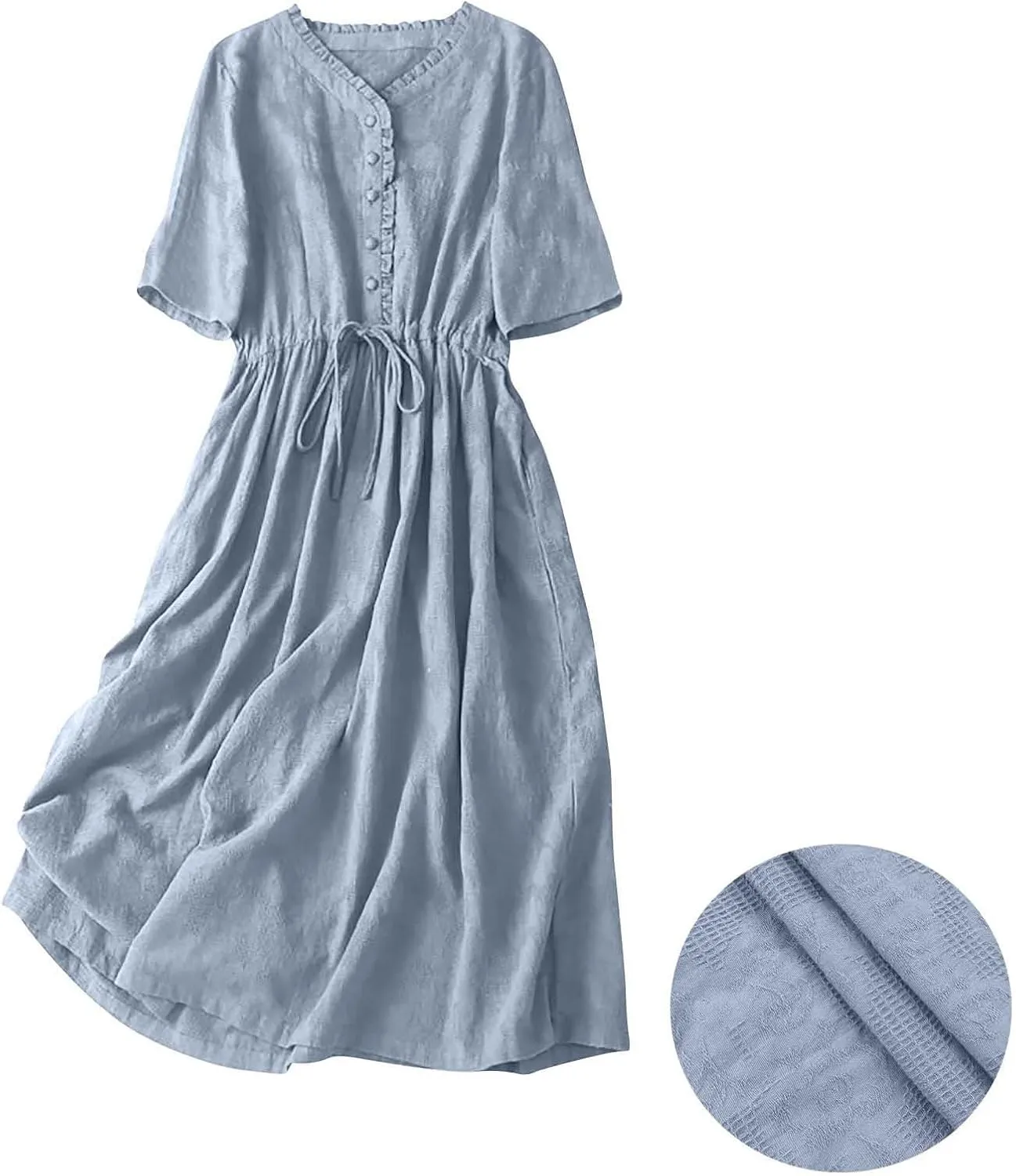 Women Summer Cotton Midi Dress Half Sleeve Button Down V Neck Retro Casual Dresses with Drawstring Solid Color 2025