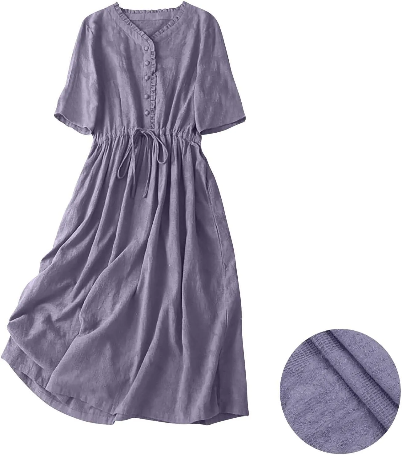 Women Summer Cotton Midi Dress Half Sleeve Button Down V Neck Retro Casual Dresses with Drawstring Solid Color 2025