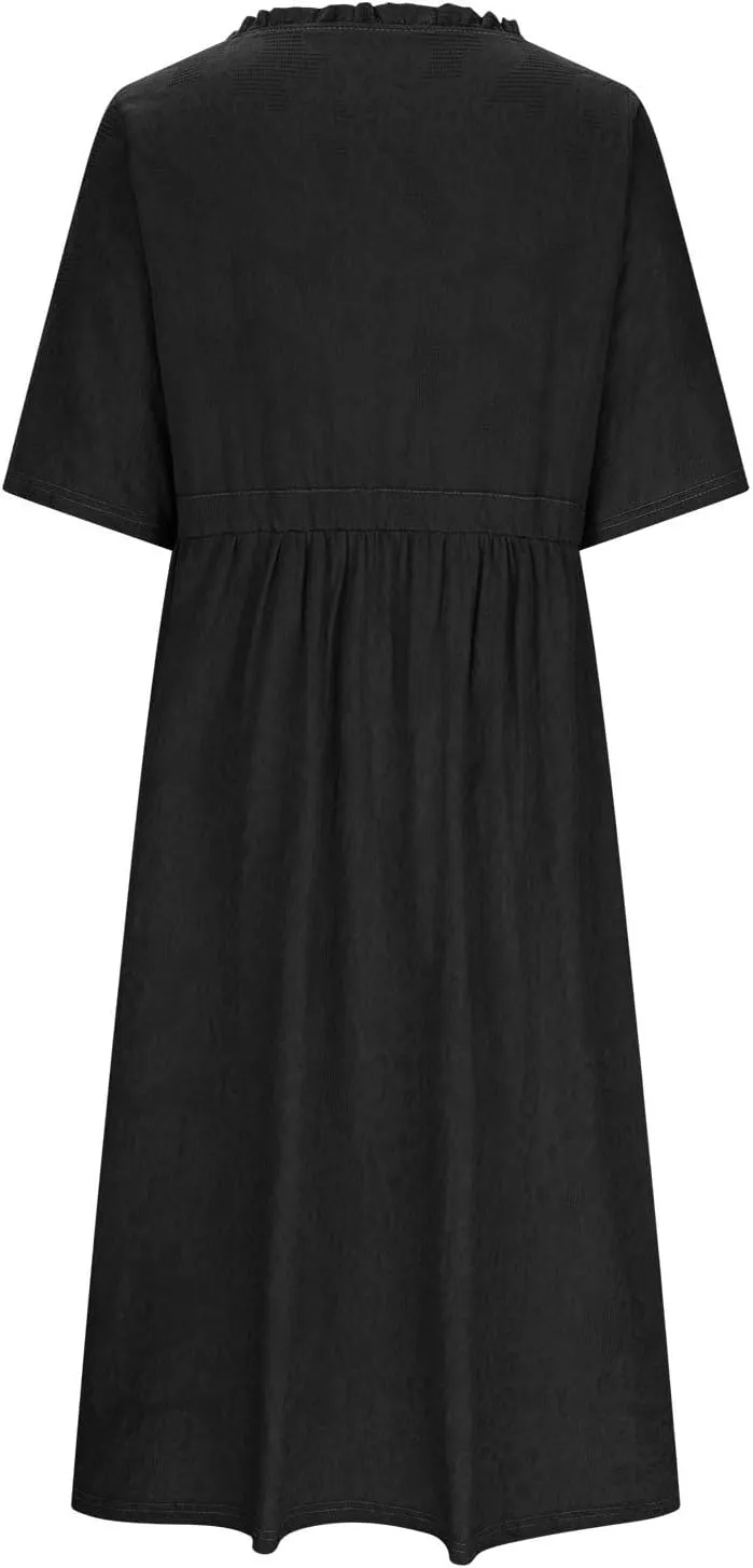 Women Summer Cotton Midi Dress Half Sleeve Button Down V Neck Retro Casual Dresses with Drawstring Solid Color 2025