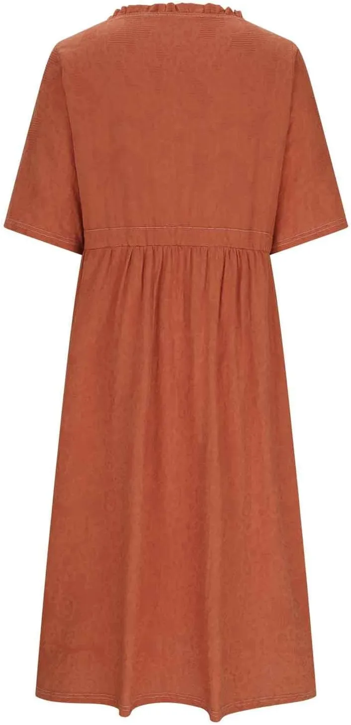 Women Summer Cotton Midi Dress Half Sleeve Button Down V Neck Retro Casual Dresses with Drawstring Solid Color 2025