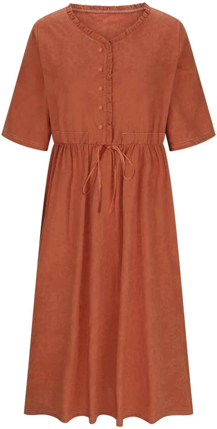 Women Summer Cotton Midi Dress Half Sleeve Button Down V Neck Retro Casual Dresses with Drawstring Solid Color 2025