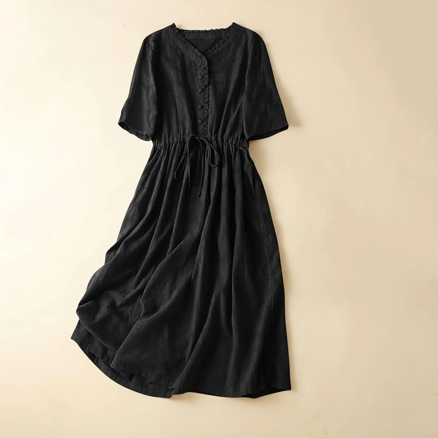 Women Summer Cotton Midi Dress Half Sleeve Button Down V Neck Retro Casual Dresses with Drawstring Solid Color 2025