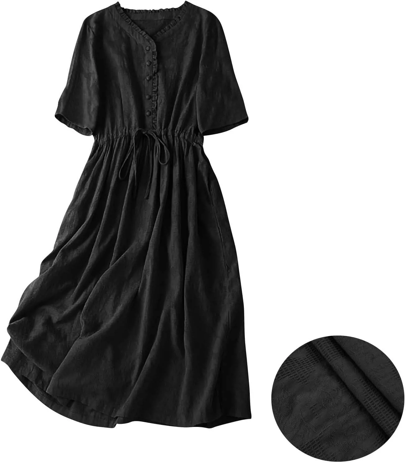 Women Summer Cotton Midi Dress Half Sleeve Button Down V Neck Retro Casual Dresses with Drawstring Solid Color 2025